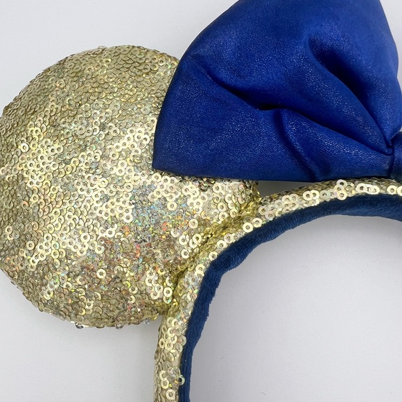 Disney World 50th Anniversary Gold Sequin Blue Satin Minnie Bow Ear Headband - Picture 2 of 10